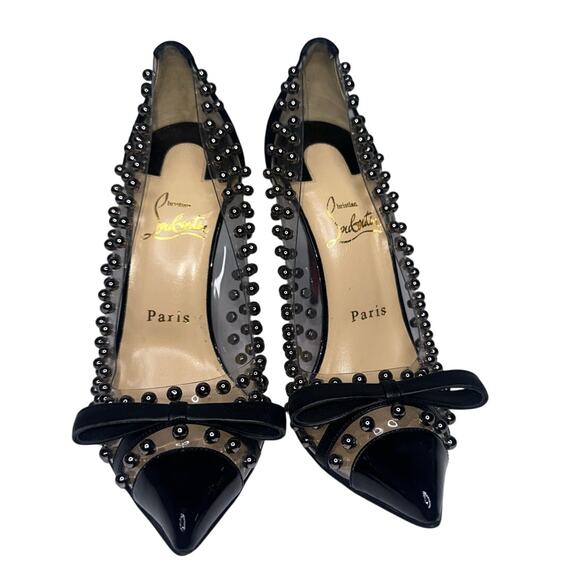 Christian Louboutin Studded PVC Suede Billie Et Boule Bow Pumps Size 37.5 Black - Picture 2 of 9